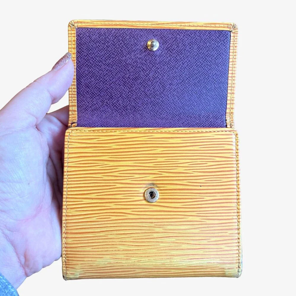 '93 Vintage LV Elise Compact Trifold Wallet in Yellow Epi + Purple Taiga Leather